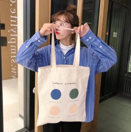 Aesthetic Color Palette Canvas Tote Bag With Zipper - Korean Style - Obsession Designs Co.