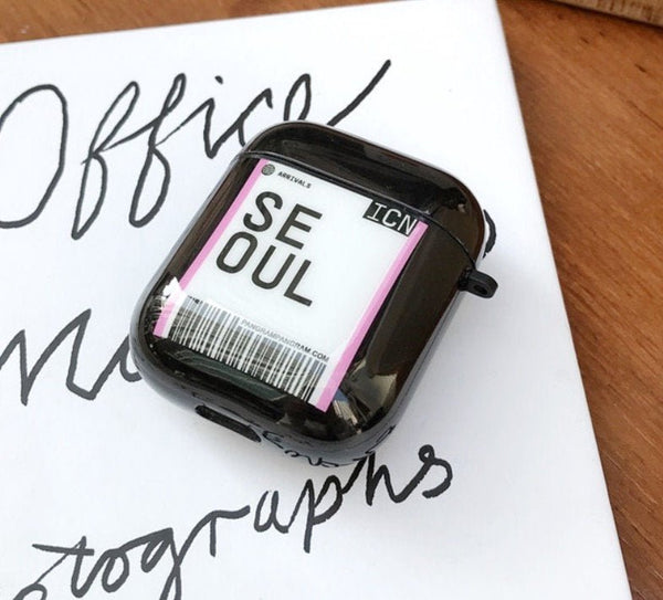 Black City Airport Tag Aesthetic Airpod Case - Obsession Designs Co.