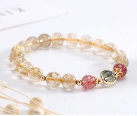 Citrine and Strawberry Quartz Stone Beaded Bracelet - Obsession Designs Co.
