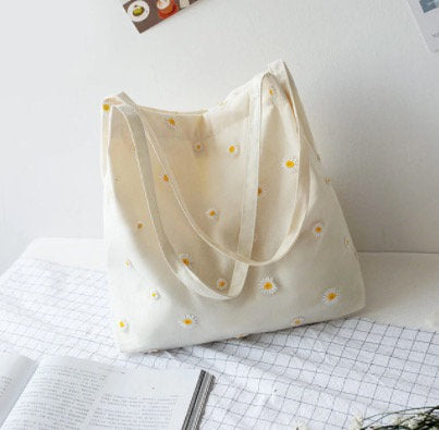 Retro Aesthetic Embroidered Daisy Tote Bag - Obsession Designs Co.