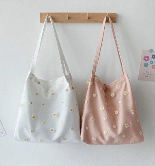 Retro Aesthetic Embroidered Daisy Tote Bag - Obsession Designs Co.