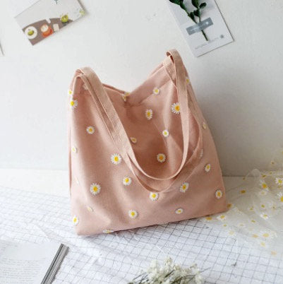 Retro Aesthetic Embroidered Daisy Tote Bag - Obsession Designs Co.