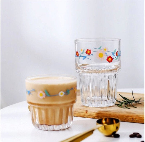 Korean Chic Aesthetic Flower Thick Glass Coffee/ Tea Cup - Obsession Designs Co.