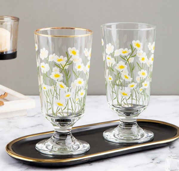 Retro Chic Aesthetic Flower Daisy Glass Cup - Korean style - Obsession Designs Co. 