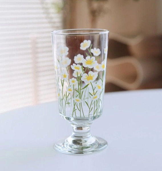 Retro Chic Aesthetic Flower Daisy Glass Cup - Korean style - Obsession Designs Co.
