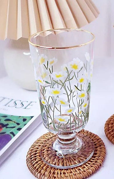 Retro Chic Aesthetic Flower Daisy Glass Cup - Korean style - Obsession Designs Co. 