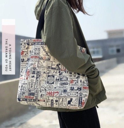 Retro Japanese Advertisement Graphic Aesthetic Canvas Tote Bag - Obsession Designs Co.